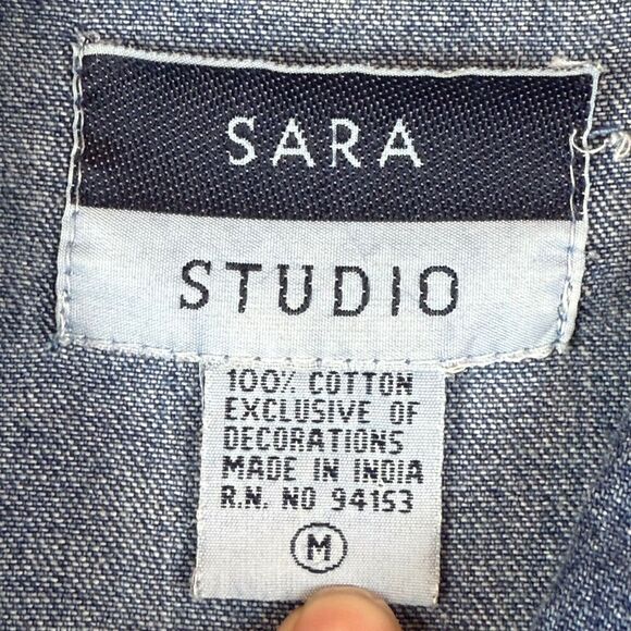 Sara Studio Jacket Women Sz M Blue Denim Embroidered Button Front Patchwork Boho - Picture 7 of 9